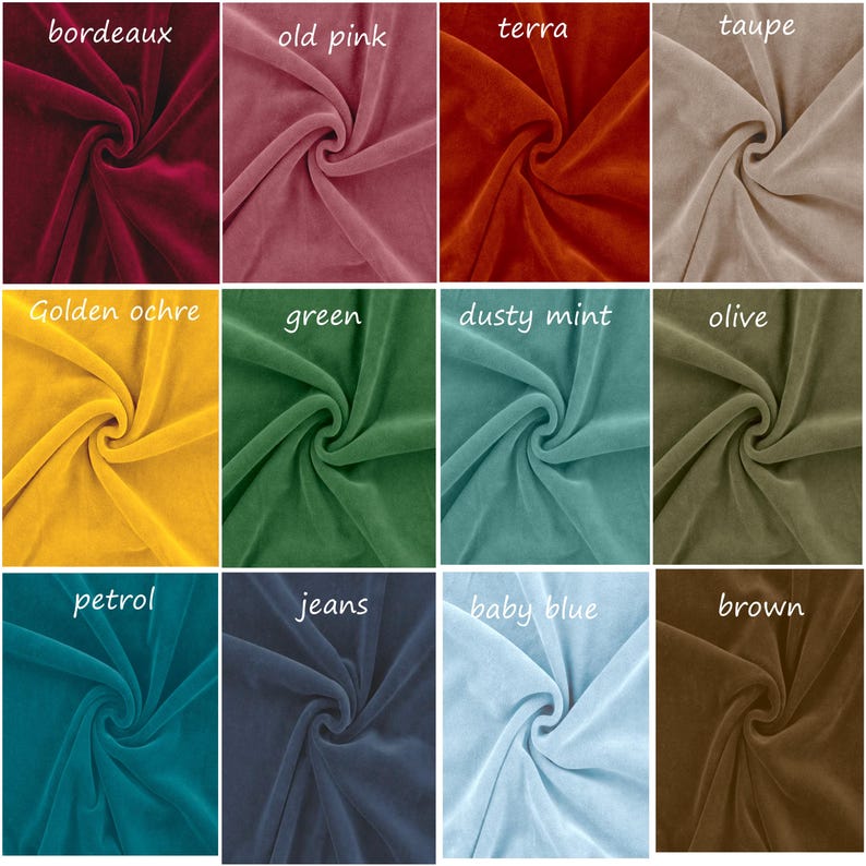 Op de afbeelding: Een raster van twaalf stoffen stalen van fluweelachtig materiaal in diverse kleuren, gelabeld bordeaux, old pink, terra, taupe, golden ochre, green, dusty mint, olive, petrol, jeans, baby blue en brown, elk met een centrale draai.