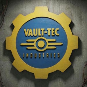 May include: A wooden sign featuring the Vault-Tec logo. The sign has a yellow cogwheel shape surrounding a blue circle with the words "VAULT-TEC INDUSTRIES" in yellow lettering. The logo is a stylized emblem.