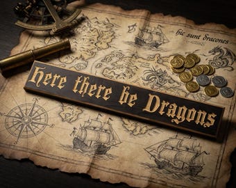 Here There Be Dragons Wooden Sign | Fantasy Wall Decor | Dragon Quote Sign | Medieval Style Nerd Cave Art