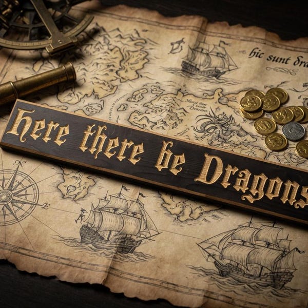Here There Be Dragons Wooden Sign | Fantasy Wall Decor | Dragon Quote Sign | Medieval Style Nerd Cave Art