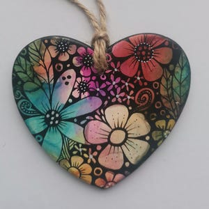 Multicoloured Clay Heart Ornament - Handpainted - Hand-Painted Boho Gift for Her or Wall Hanging