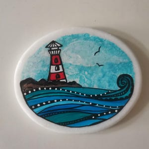 Hand Painted Lighthouse and Wave Art Stone – Coastal Nautical Decor | Original 10x8cm Acrylic Seascape Rock | Ocean Gift Idea
