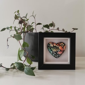Floral Heart Wall Art – Handpainted Polymer Clay Heart in Black Box Frame | Rainbow Flower Art | Unique Gift for Her | Mini Artwork
