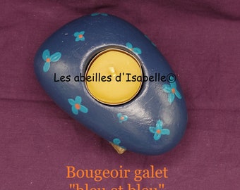 Bougeoir galet bleu et bleu avec sa bougie en pure cire d'abeille