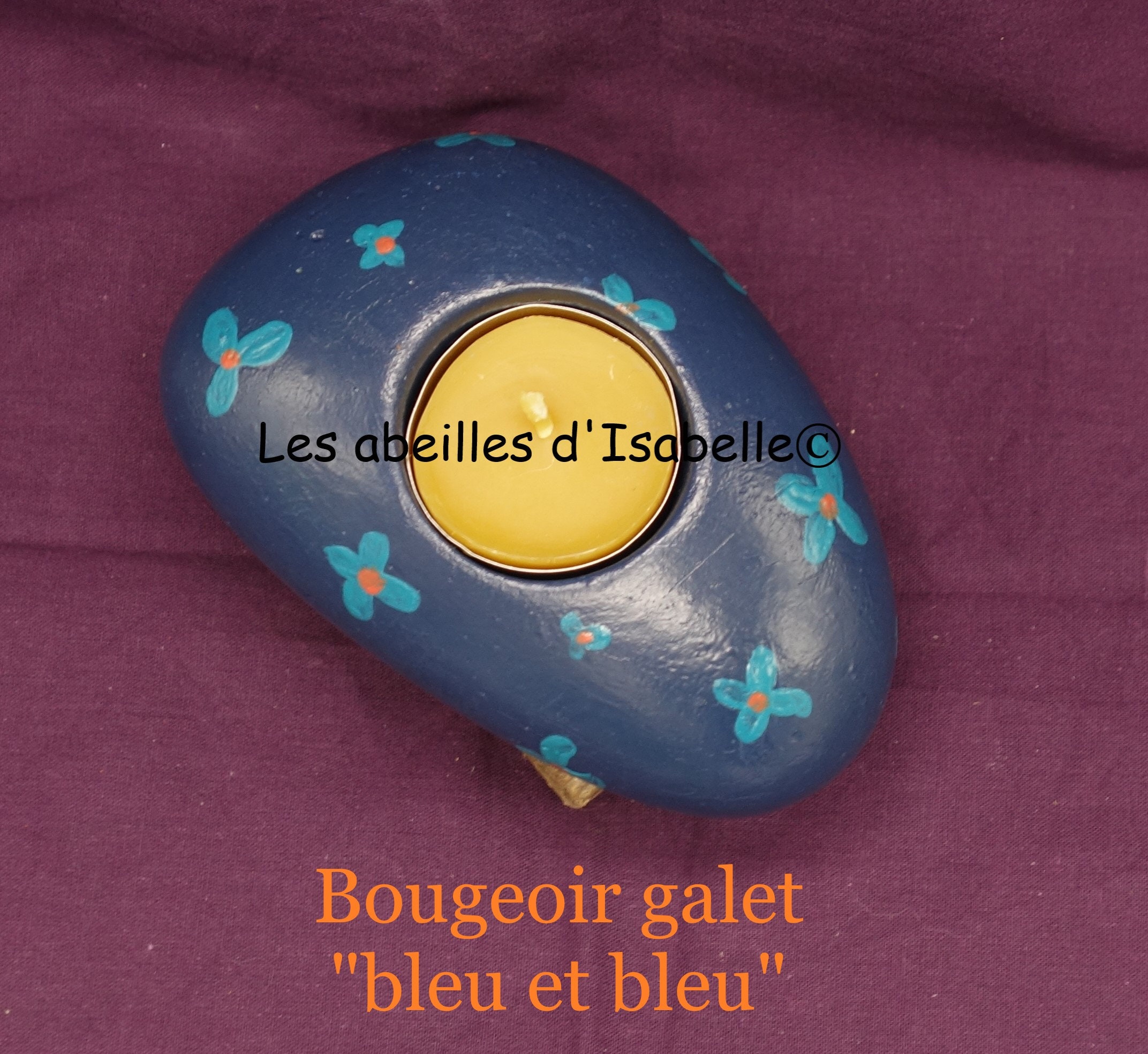 Bougeoir Galet Bleu et avec Sa Bougie en Pure Cire d'abeille