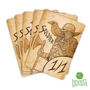 Paquete de cartas mágicas de fichas de soldado vikingo (5 cartas) / Diseño de proxy personalizado dibujado a mano que se puede colocar en fundas en la baraja / Regalos de MTG