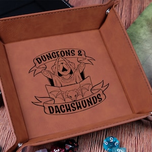 Dungeons & Dachshunds Dice Tray | Foldable Leather Dice Tray for Dog Lovers | DnD Accessories | Dungeons And Dragons Enthusiasts | DM Gifts