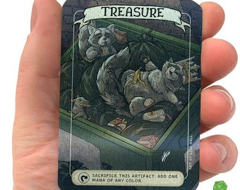 Raccoon Treasure Token: Hand-Drawn Proxy MTG Metal Card