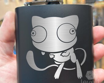 Derpy Mew Flask: Laser Engraved Stainless Steel, D&D Gamer Gift