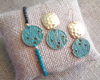 22 K Gold Hammered Earrings Turquoise Antique Pendant Beaded Bracelet Greek Jewelry