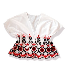 Boho Black Red White Embroidered Cotton Blouse Top Kaftan