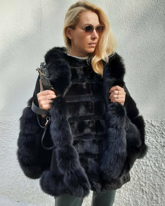 春夏新作モデル Trim Fur Fox Wool Cashmere Black Free Cape Poncho Size ジャケット・アウター