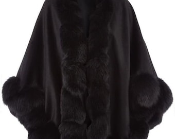 Black Cashmere Wool Fox Fur Trim Free Size Poncho Cape Winter Accessory