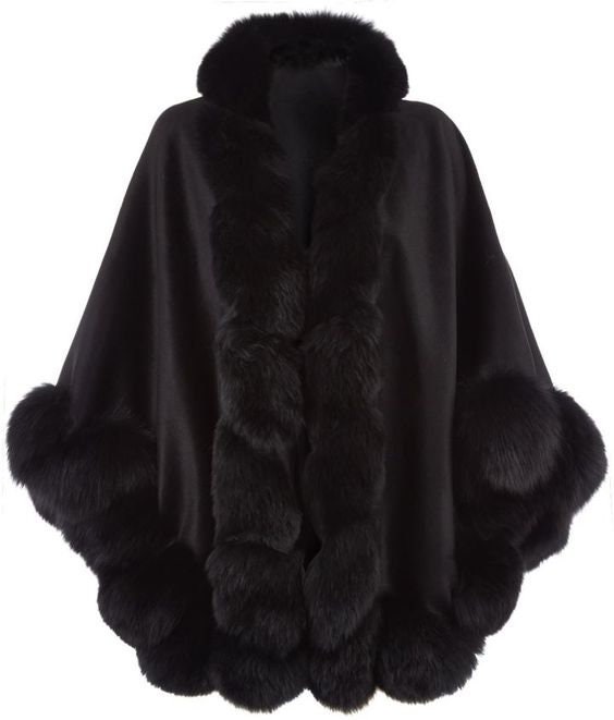 Black Cashmere Wool Fox Fur Trim Free Size Poncho Cape Black Cashmere Wool Fox Fur Trim Free Size Poncho Cape