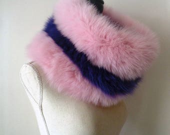 Fourrure de renard bébé rose Violet couleur câble tricot laine Double face réversible léger chaud élégant Snood écharpe col accessoires d'hiver