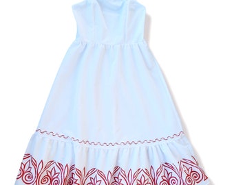 Resort Collection White Cotton Red Ornament Dress Greek Style - Oia