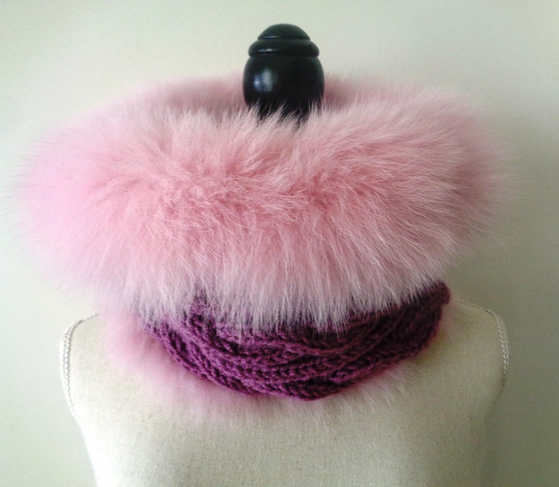 Fox Fur Baby Pink Violet Colored Cable Knit Wool Double Side Reversible Light Warm Elegant Snood Scarf Collar Winter Accessories image 5