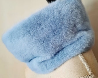 New Collection Genuine  Mink Fur Light Blue Colored Soft Light Warm Elegant Closed Snood Collar Scarf Accessories Gift