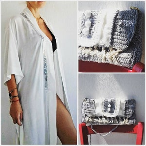 Boho White Embroidered Silver Linen Long Maxi Kaftan Dress Beach Wear