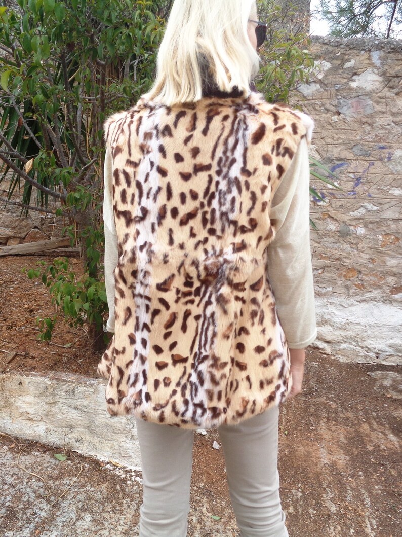New Genuine Rabbit Fur Leopard Print Leather Knit Collar Brown Casual Vest Jacket