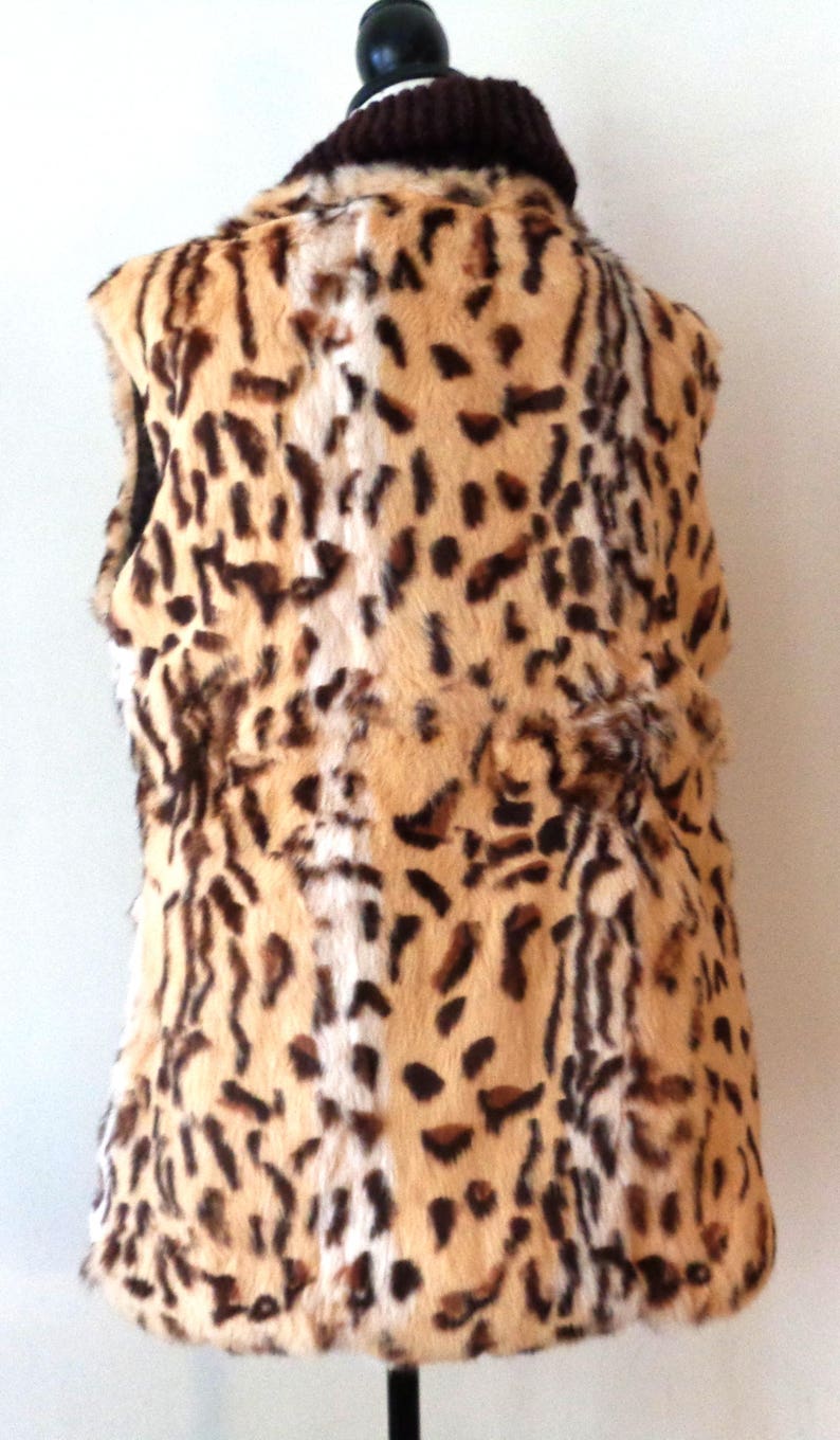 New Genuine Rabbit Fur Leopard Print Leather Knit Collar Brown Casual Vest Jacket
