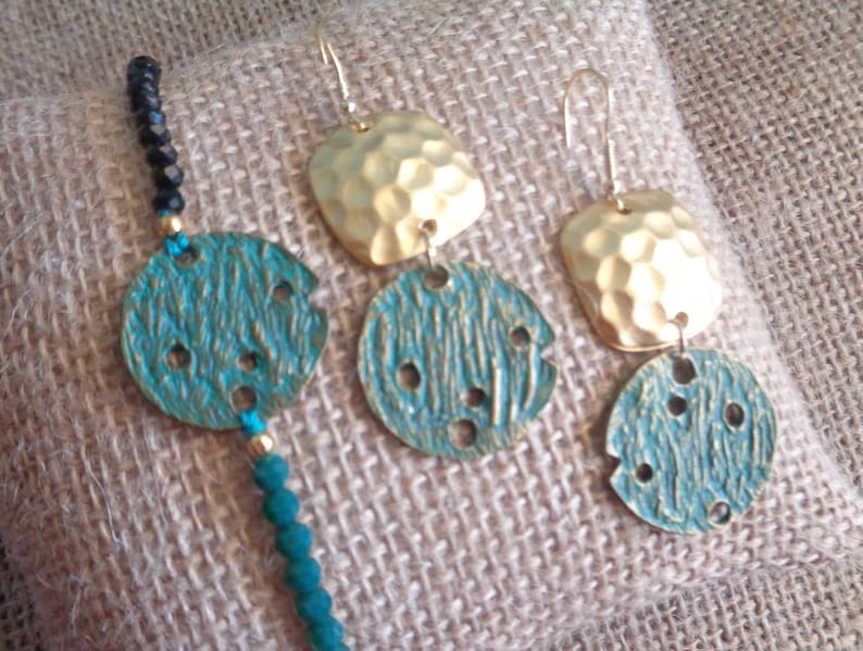 22 K Gold Hammered Earrings Turquoise Antique Pendant Beaded Bracelet Greek Jewelry