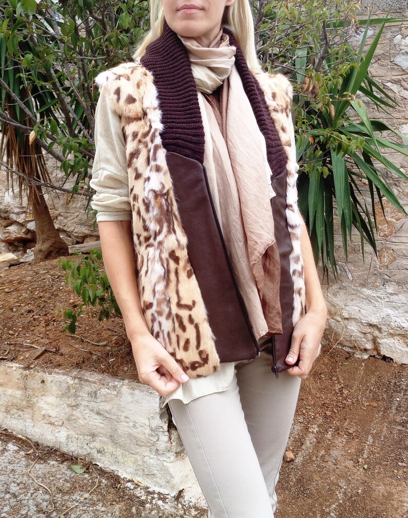 New Genuine Rabbit Fur Leopard Print Leather Knit Collar Brown Casual Vest Jacket