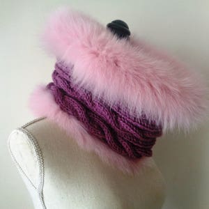 Fox Fur Baby Pink Violet Colored Cable Knit Wool Double Side Reversible Light Warm Elegant Snood Scarf Collar Winter Accessories image 4