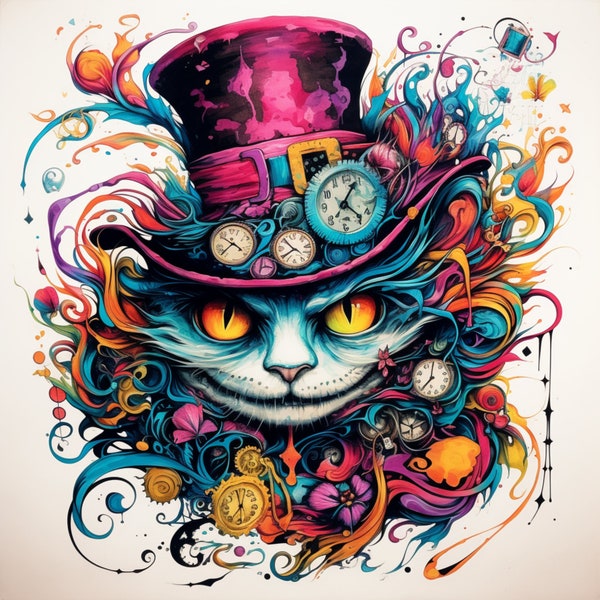 AliceinWonderland AlicePrints WonderlandArt DigitalPrints FantasyArt CheshireCat MadHatter WhimsicalArt StorybookArt EnchantingDecor