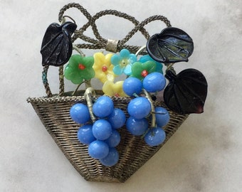 Vintage Wire Basket Brooch milk glass flowers grapes delicate 30s 40 style possibly German or Czeck early 1900s costume jewelry unmarked
