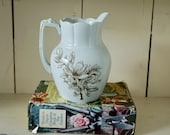 Ironstone Pitcher floral pattern vintage water brown pattern dogwood transferware antique white pottery