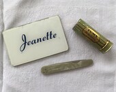 Vintage Art Deco purse set Tums tin Nail file Jeanette mirror green mother of pearl retro movie prop style