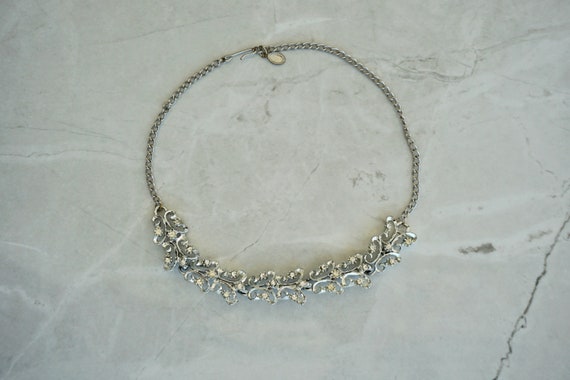 Mid-century rhinestone choker necklace silver ton… - image 7