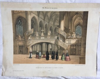 Antique St Etienne Paris Church French Etching, Engraving, or Litho