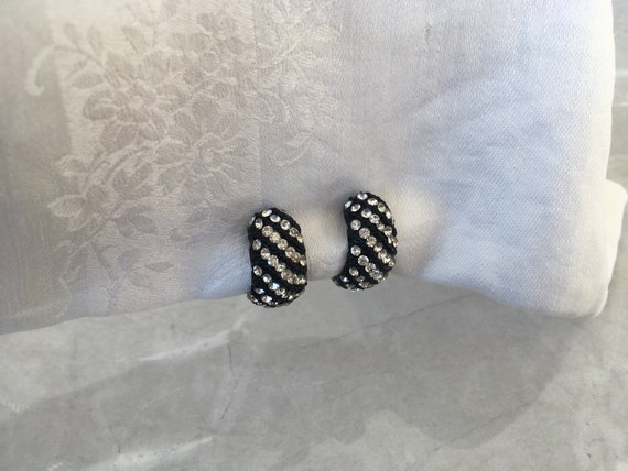 Vintage earrings black hoop clip rhinestones mid-… - image 2