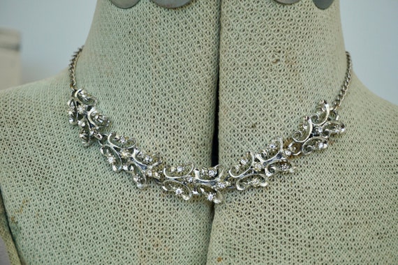 Mid-century rhinestone choker necklace silver ton… - image 1