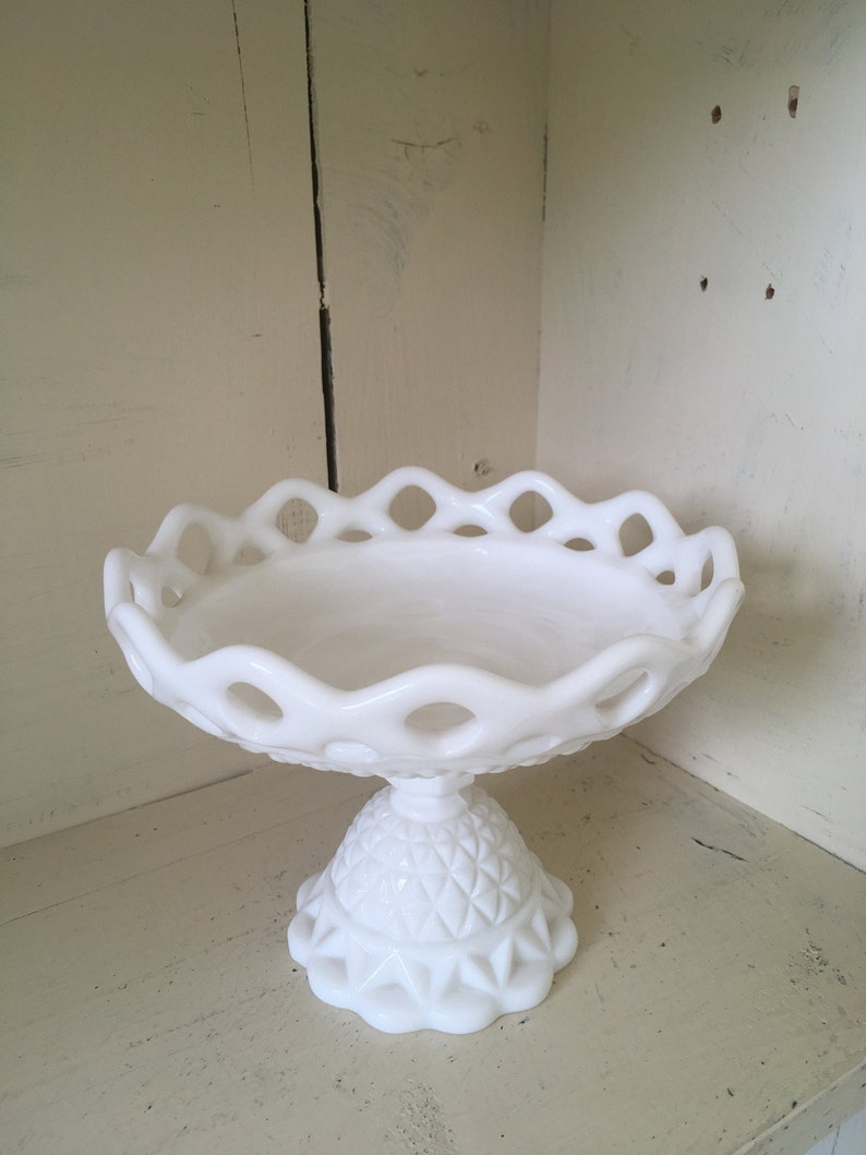 Milk Glass Compote Footed Imperial Glass White Scalloped Lace Etsy