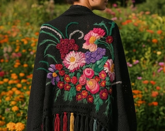 Black Wool Shawl with Multicolored Embroidered Floral Pattern and Fringes