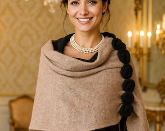 Double-Sided Mohair Wool Shawl - Black & Beige with Wool Roses