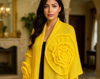 Handmade Intense Yellow Kid Mohair Shawl (71"×28")