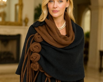 Double-Sided Mohair Wool Shawl - Black & Brown with Wool Roses