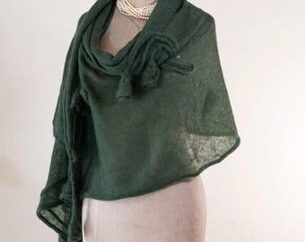 Handmade Olive Green Kid Mohair Shawl (79" x 28")