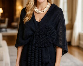 Handmade Black Kid Mohair Shawl with Giant Flower and Tassel Fringes