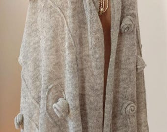 Handmade Pearl Gray Kid Mohair Shawl with Wool Flowers and Fringes