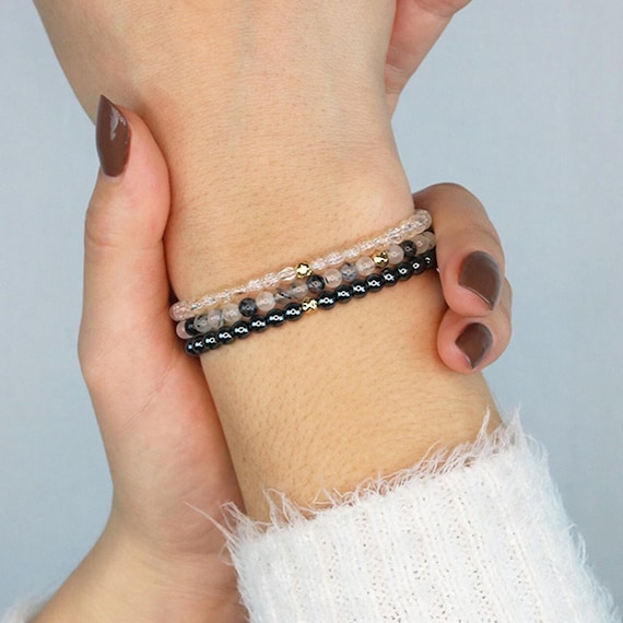 Celestial Gemstone Bracelet Set: 14K Gold Filled Quartz & Hematite
