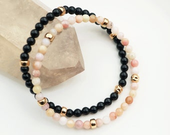 Dainty Pink Opal & Onyx Bracelet Set | Crystal Healing Bracelets | Minimalist Jewelry | Gemstone Jewelry Set