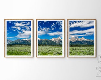 Summertime Jackson Hole - Set of 3 Prints, Panoramic Fine Art Photo Print, Metal, Canvas, Mountain Luxury Home Decor Large Tetons Triptych