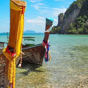 Island Longtails Thailand Wood Boats Fine Art Photography Print, Metal, Canvas, Travel Large Tropical Colorful Blue Sky Clear Water Zen image 2