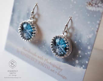 Real Snowflake Photography- Round Glass Photo Drop Earrings- Colorful Fine Art Silver Jewelry Crown Bezel-Nature Lover Gift- Custom Handmade