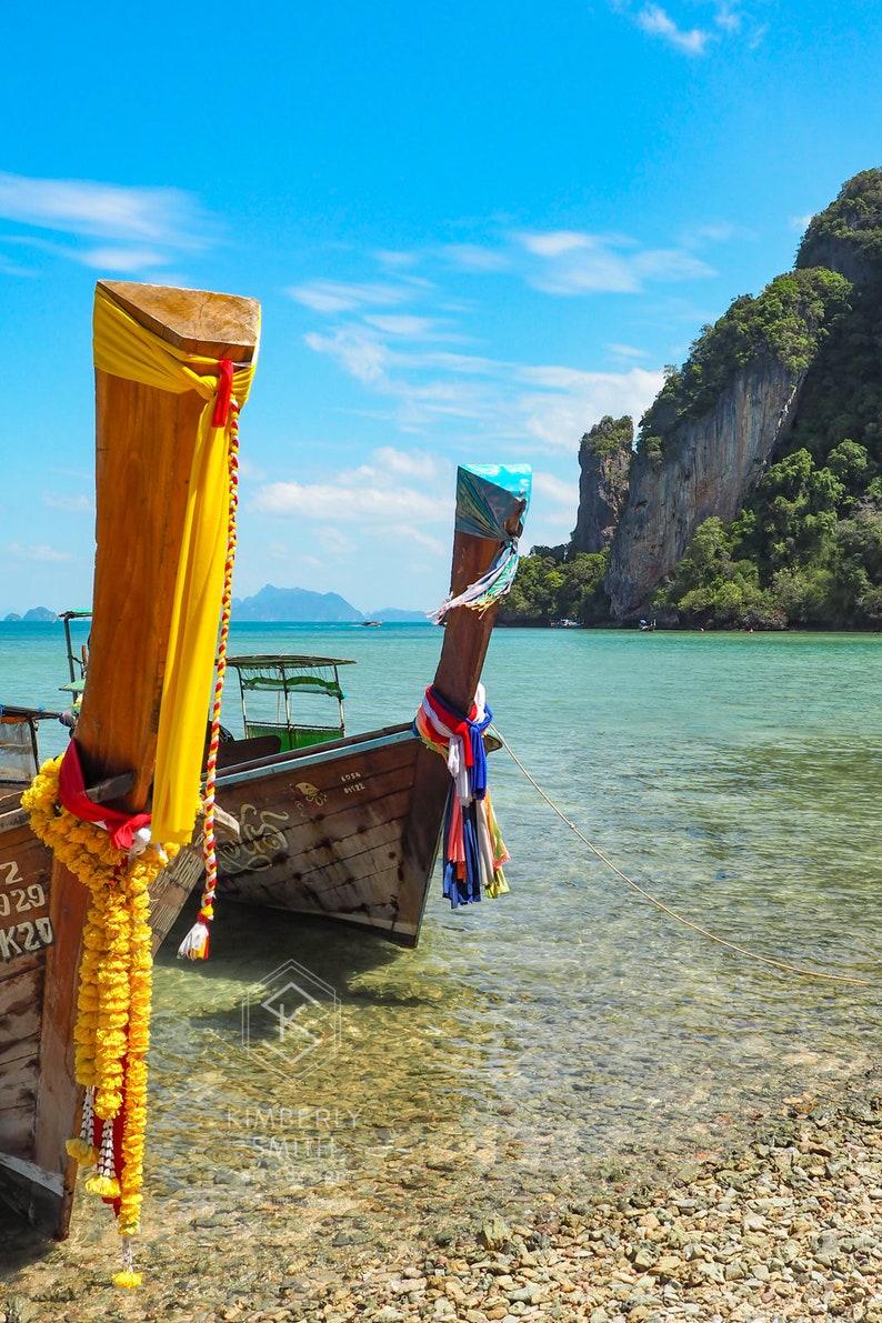 Island Longtails Thailand Wood Boats Fine Art Photography Print, Metal, Canvas, Travel Large Tropical Colorful Blue Sky Clear Water Zen image 3